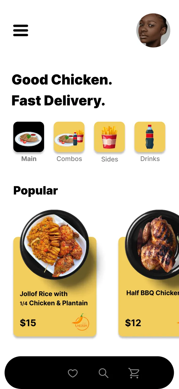 Mobile app screen showing a menu for fast delivery of chicken dishes, featuring various meal options and prices.
